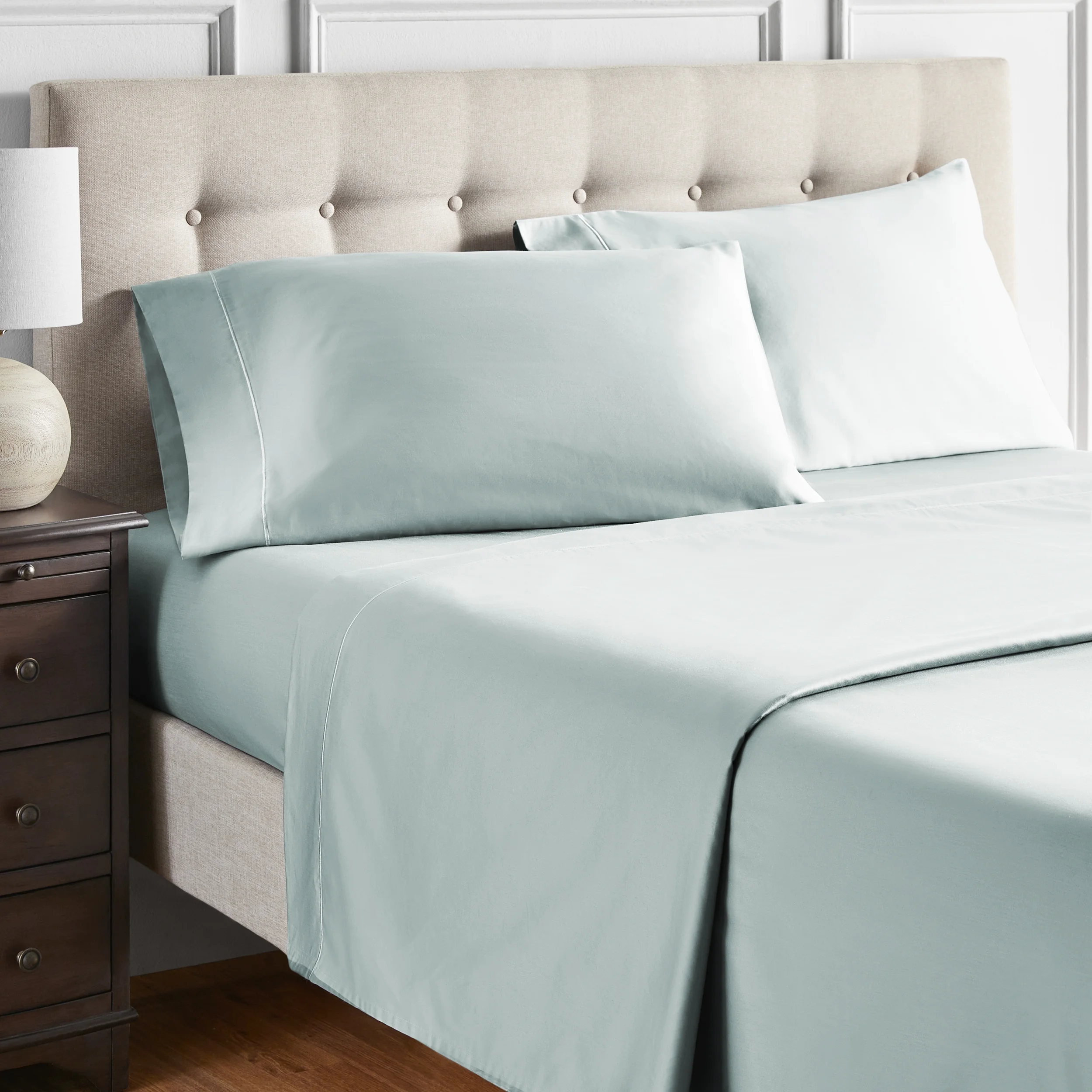 Ensemble de draps pour lit adulte en coton égyptien vert rayures 600 contexture, 4 pièces, hotel style, grand lit - Poche profonde Ensemble de draps grand lit