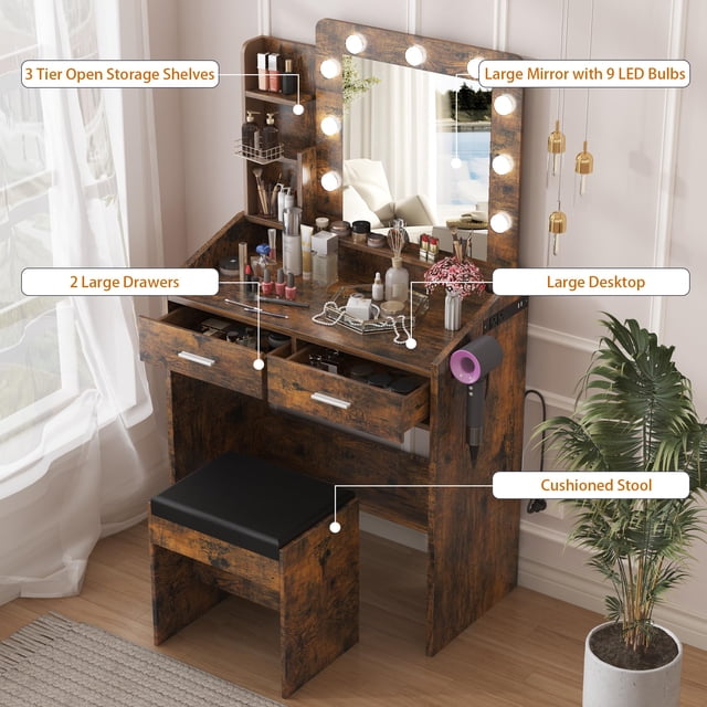 GloryStar Vanity Desk with Mirror and LED Lights, Makeup Vanity Desk with Power Outlet and Cushioned Stool, Dressing Table with 2 Drawers & 3 Lighting Modes Adjustable Brightness for Bedroom