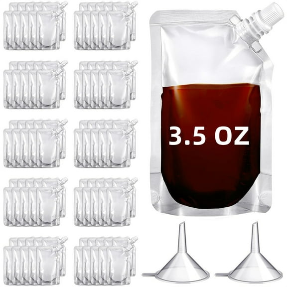 50 Pcs Leak-Proof Drink Pouches,3.5 Oz Plastic Beverage Flasks,Reusable Squeeze Pouches,Concealable Juice Bag,Portable Liquor Container with Funnel,for Travel Concert Party By Scheam
