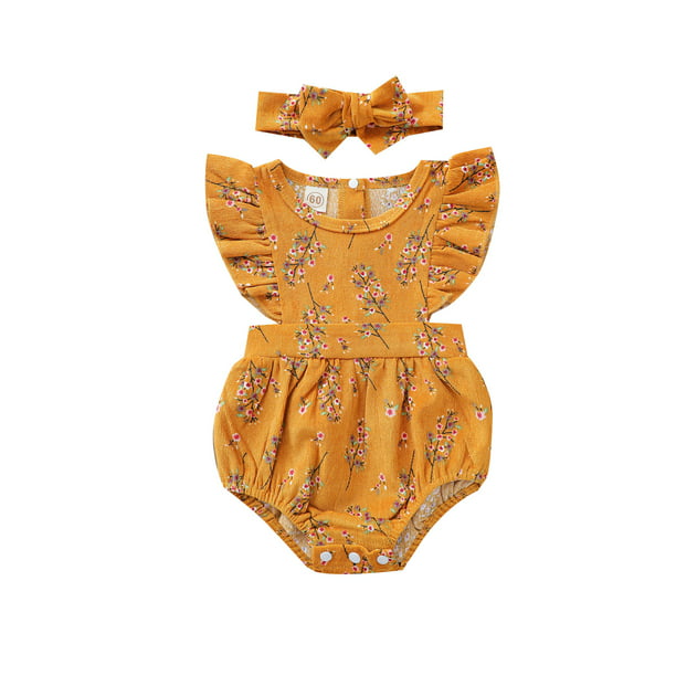 Biayxms Newborn Baby Girls 2 Piece Outfit Set Fly Sleeve Floral Romper Headband Set Walmart Com Walmart Com