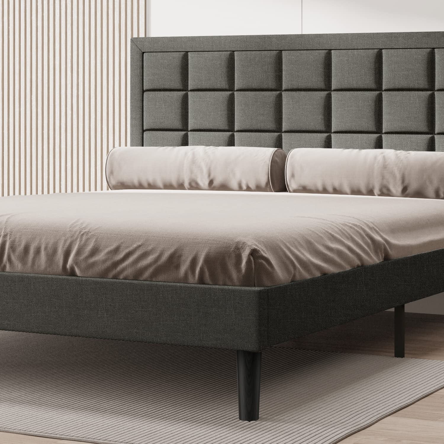 BONSOIR QUEEN Size Bed Frame Upholstered Modern Low Profile Platform with Tufted Headboard No Box Spring Needed Linen Fabric Charcoal Gray