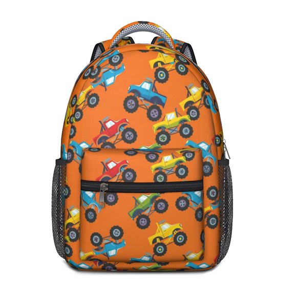 Monster Cartoon Truck Orange Pattern Backpack for School, Cute School Bag with Adjustable Shoulder Straps and Padded Back, 15.3"x11"x6.7"