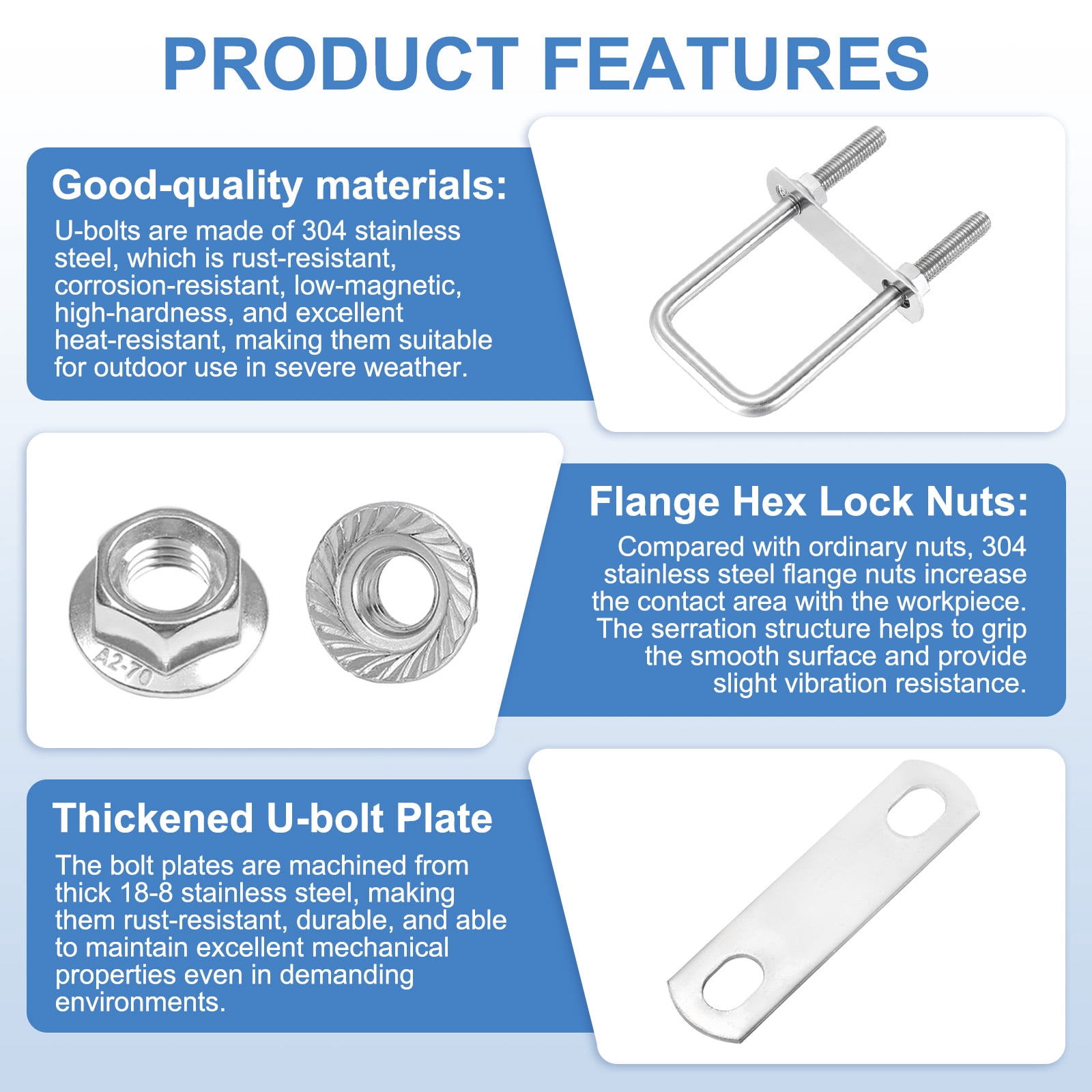Uxcell 2 Set M10 2 Inch Inner Wide Square U Bolts, 4-3/4 Inch Length 304 Stainless Steel U-Bolts with Flange Hexagon Nuts, Frame Plates for Trailer, Automotive, (50mm W x 120mm L)
