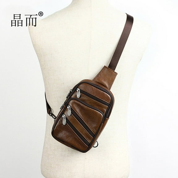 Genuine Leather Crossbody Shoulder Bag for Men Multifunctional Casual Chest Bag Fashion Design for Outdoor Sports Versatile Capacity Messenger Bags Male Wallet Phone Purse Husband Chest Pack