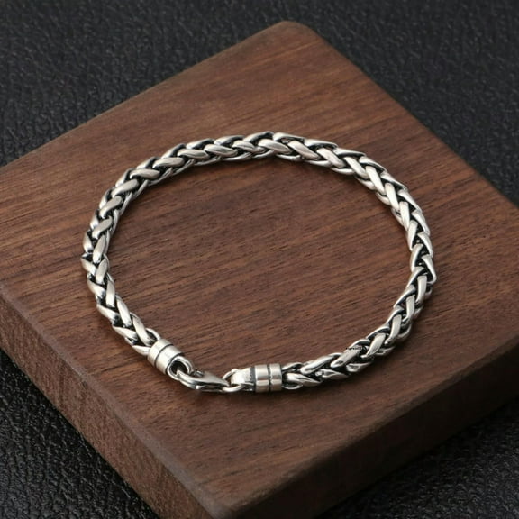 K-KED Solid 925 Sterling Silver Chain Men 5mm Wheat Braided Rope Bracelet 13g /7.8inch