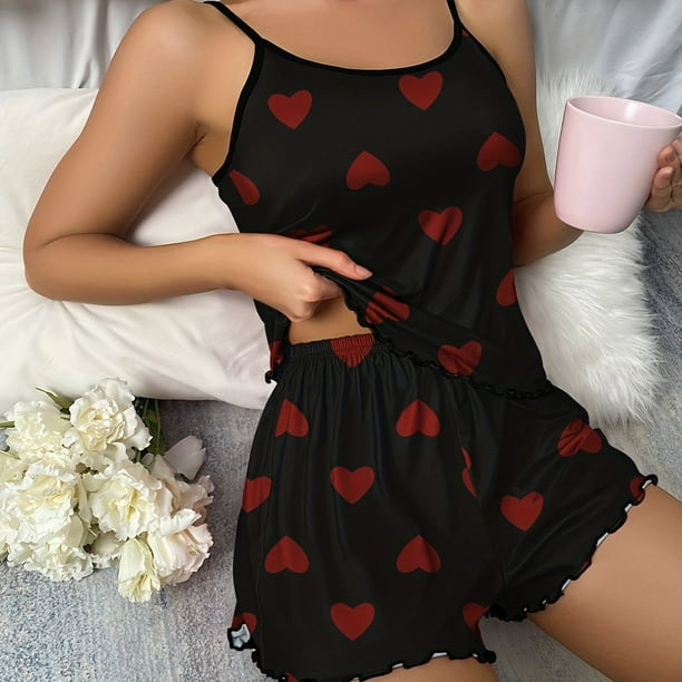 Conjunto De Pijama Con Estampado De Corazones, Camiseta De Tirantes Con Cuello Redondo Y Pantalones Cortos Con Ribete De Lechuga, Ropa De Dormir Y De Descanso Para Mujer