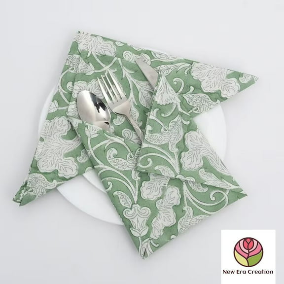 New Era Creation Sage Green and Off White Indian Floral Hand Block Print 100% Pure Cotton Cloth Napkin,dinner Napkin, Gifts,Cocktail Napkins