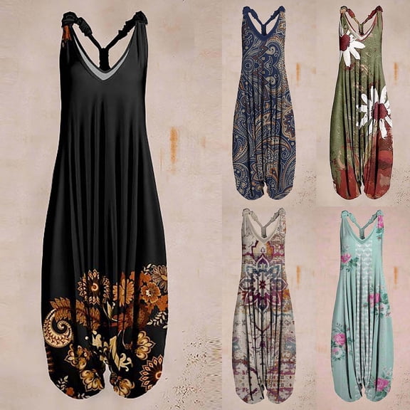 Women Boho Overalls Plus Size Summer Fashion Jumpsuit Loose Fit Rompers Floral Printed Baggy Bohemia Wide Harem Pants Multicolor L
