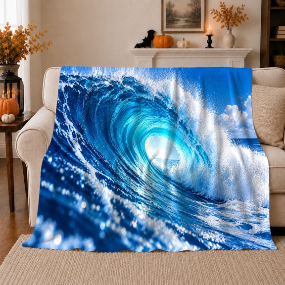 Powerful Ocean Wave Barrel Surfing Seascape Digital Art, Peaceful Coastal Landscape Scene, Warm Flannel Blanket for Beach House and Living Room, Beach Lovers Housewarming Gift, Coastal Home Decor
