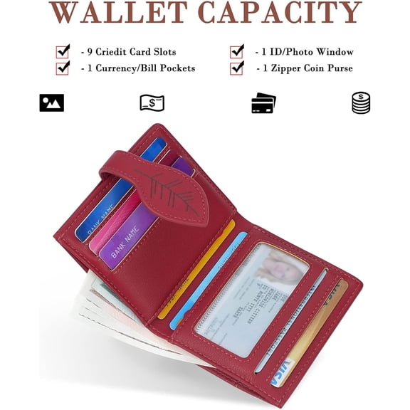 JINYUN-Small Wallet for Women, RFID Blocking Slim Leather Bifold Front Pocket Womens Wallet with Zipper Coin Purse (Red)