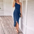 thumbnail image 5 of Wycnly Womens Dresses Basic Ruched Bodycon One Shoulder Irregular Wrap Strap Dresses Fashion Solid Slash Neck Sleeveless Midi Summer Dress Navy l, 5 of 7