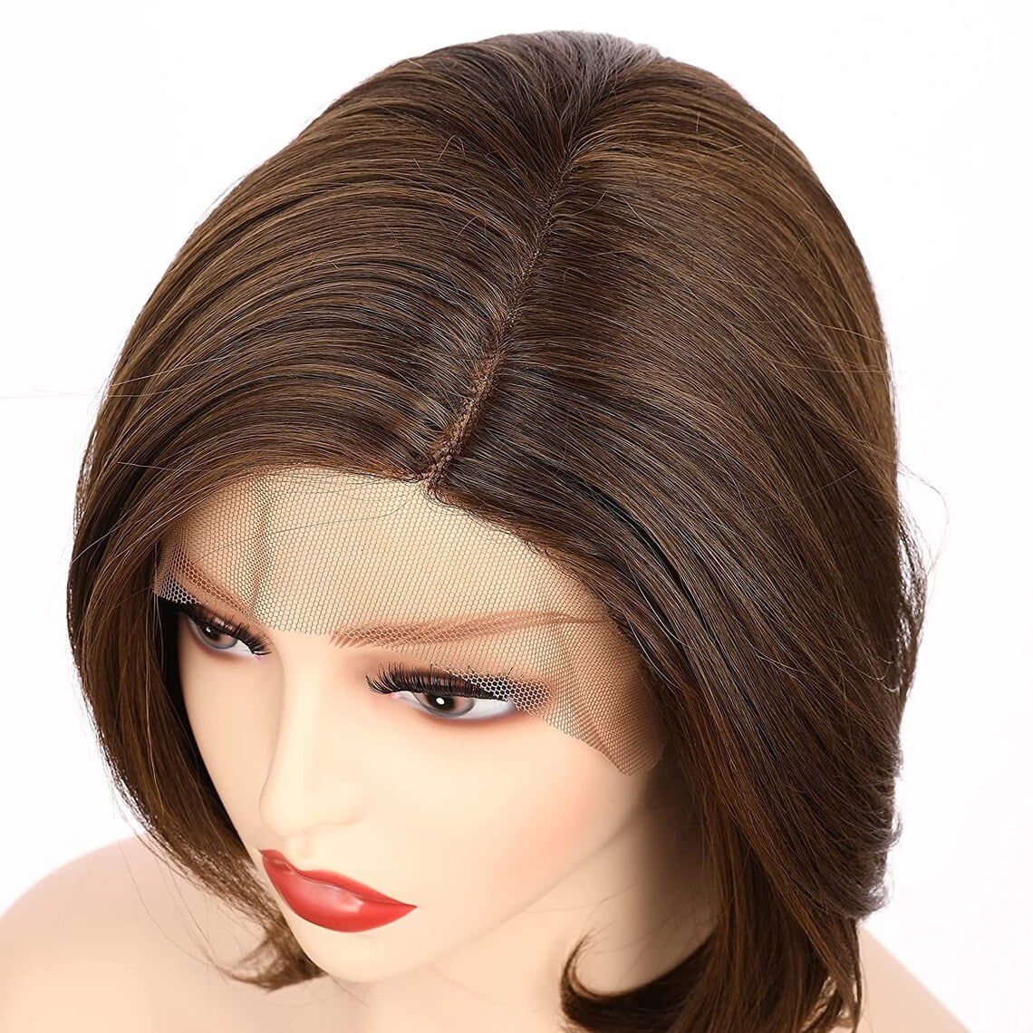 Onedor 9.5 Inch Side Part Lace Front Relaxed Straight Bob Wig (Medium Brown Evenly Blended with Warm Medium Brown)