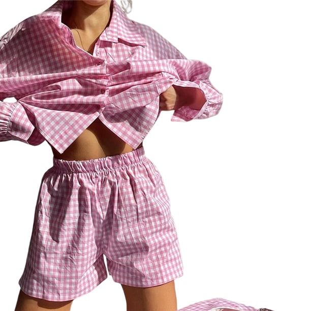 TxlixcTraje de 2 piezas, blusa de manga larga con cuello rayado / a cuadros + shorts de verano Txlixc moda