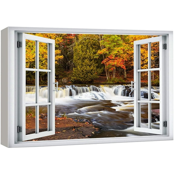 wall26 Canvas Print Wall Art Window View Autumn Fall Forest Waterfall Rapids Wilderness Nature Photography Realism Scenic Landscape Colorful Multicolor for Living Room, Bedroom, Office - 32"x48&