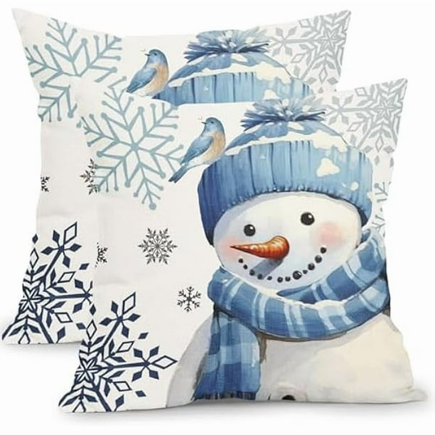 HAYAN Winter Snowman Snowflake Pillow Covers 22x22 Inch Blue Christmas Throw Pillow Covers Set of 2 Xmas Winter Holiday Pillowcases Cotton Linen Cushion Covers for Couch Home Decor