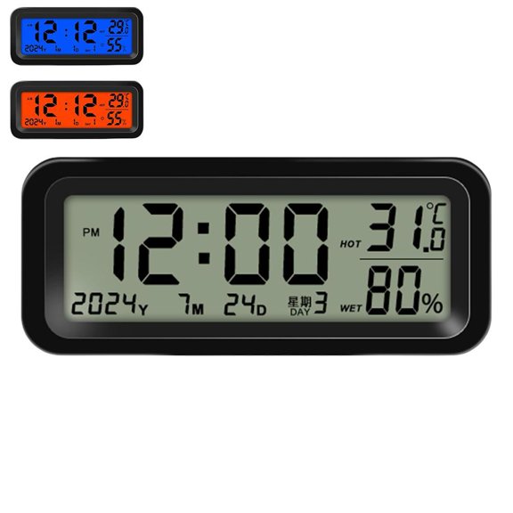 Solar Car Clock with Dual Backlight Colors Auto Luminous Time Temperature and Humidity Display