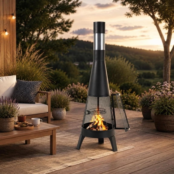20 Inch Outdoor Wood Burning Chiminea Fire Pit with Grill Mesh