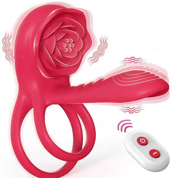 Rose Toy Vibrator Lock Rings Nipple Clitoris Stimulator Vibrators Sex Toys for Couple Delay Lick Vagina Toys with Penis Ring - Red