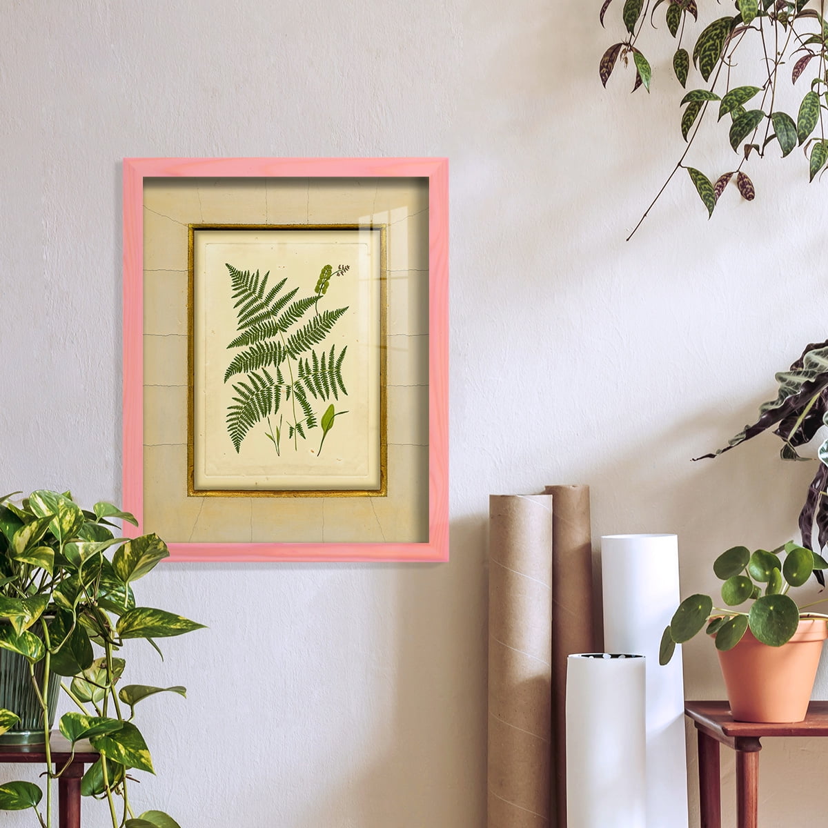 Fern with Crackle Mat (H) IV - Framed Print w/glass - Sunset Pink