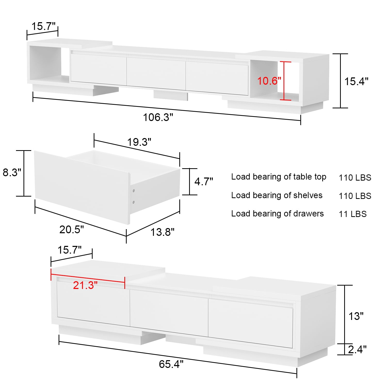 OxyLife Extended TV Stand with Drawers, Entertainment Center for Living Room, White