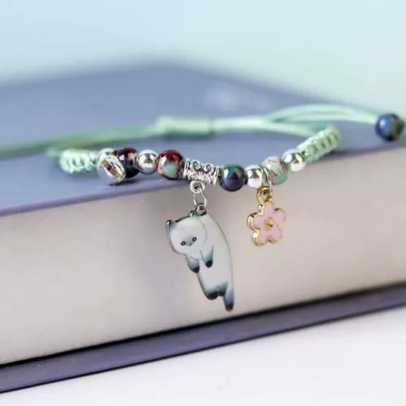 K-KED Adjustable Hand Woven Cartoon Cat Pendant Bracelet Couples Gift Women Jewelry-C