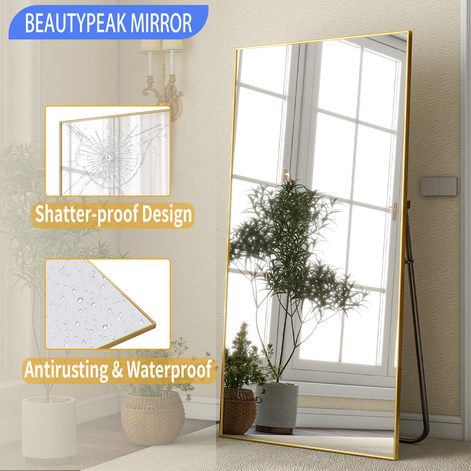BEAUTYPEAK 76"x34" Full Length Mirror Rectangle Floor Mirrors for Standing Leaning or Hanging, Gold - image 2 of 6