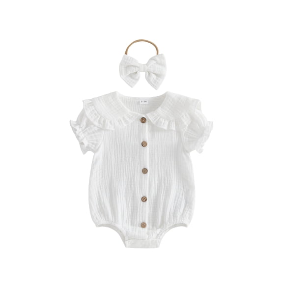 BemeyourBBs Newborn Baby Girl Summer Clothes Cotton Linen Outfit Cute Bubble Romper Short Sleeve Doll Collar Button Down Bodysuit and Headband Set