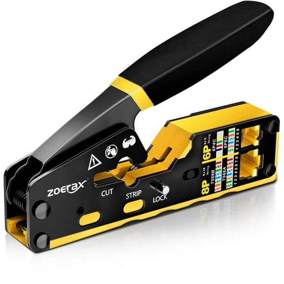 RJ45 Crimping Tool Ethernet Crimp Tool Crimper for RJ11/RJ12 Standard, RJ45 Pass Through Connectors, Yellow
