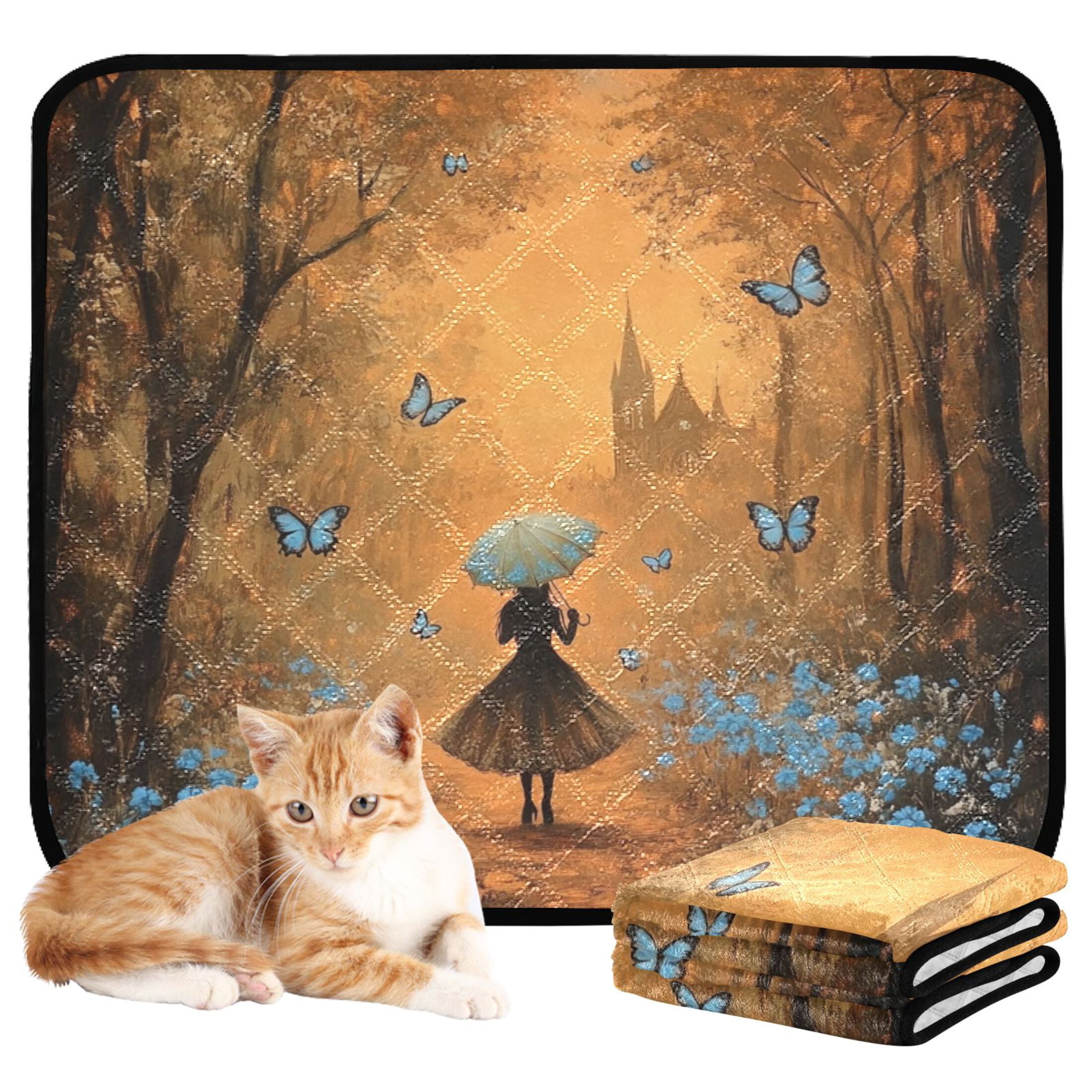 Qxltty Blue Butterfly Forest Cat litter Pads Pet Set of 2 Diaper Mats Center Anti-leakage Layer Absorbent Soft and Comfortable