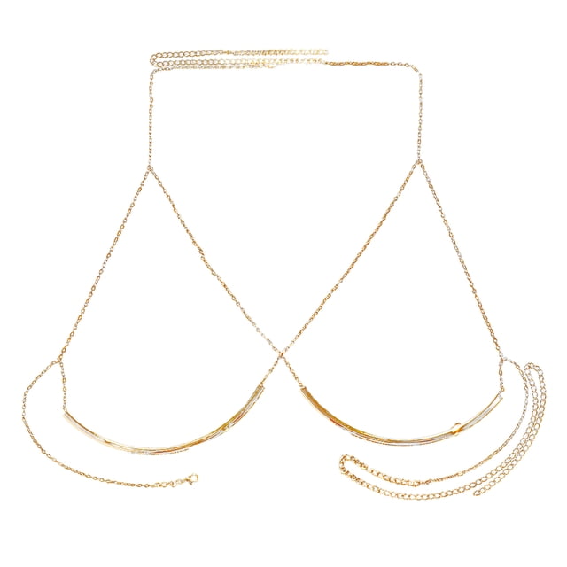Visland Women Chest Chain Body Chain Body Jewelry Breast Support Chain Club Party Stainless Triangle Shape Lady Bikini Chest Decorative Accessory. This gold-tone alloy chest chain features a triangle-shaped design with adjustable clasps and lightweight construction. Suitable for most bust sizes, it is crafted with fine workmanship and an electroplating process for durability and long-lasting color. Ideal for parties, clubs, festivals, or as a decorative accessory for daily wear.