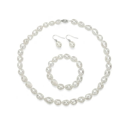 - ADDURN 10-11mm Baroque Freshwater Pearl Necklace with Sterling Silver Clasp, Bracelet and Earring Set