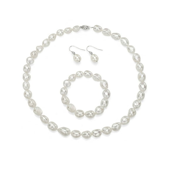 ADDURN 10-11mm Baroque Freshwater Pearl Necklace with Sterling Silver Clasp, Bracelet and Earring Set