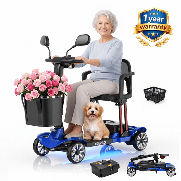 Havlo 4-Wheel Mobility Scooter for Seniors & Adults, 12.4-Mile Range, Removable Lithium Battery, Wider Adjustable Seat & Armrests, Foldable Electric Mobility Scooter for Everyday & Outdoor Use,Blue