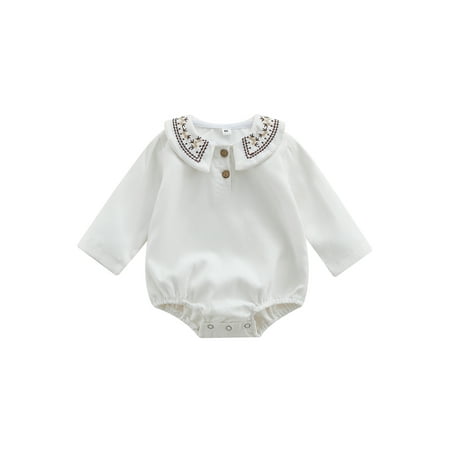 

Infant Baby Autumn Jumpsuit Flower Embroidery Doll Collar Long Sleeve Snap Closure Romper