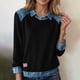 thumbnail image 2 of Camisas de manga larga for mujer, cuello de mezclilla, costura de retales, sudadera, Tops casuales, jersey, 2 of 6