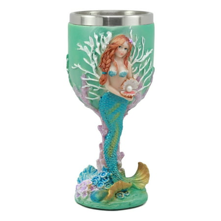 Ebros Turquoise Ocean Marine Coral Reef Ariel Little Mermaid With Pearl Wine Goblet 7oz For Bridal Nautical Fantasy Fairy Tale Gifts Wine Chalice Stylish Wine Tasting