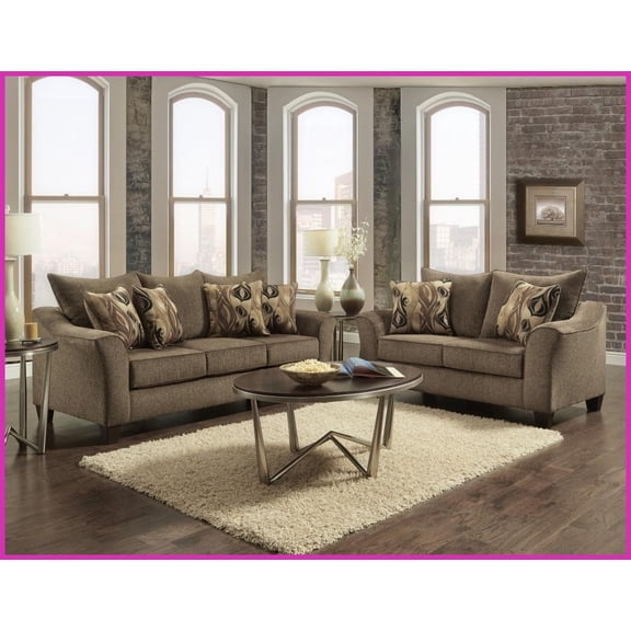 Camero Casual Chic Textured Brown Fabric 2-Piece Living Room Set - Sofa & Loveseat with Pillowback Comfort