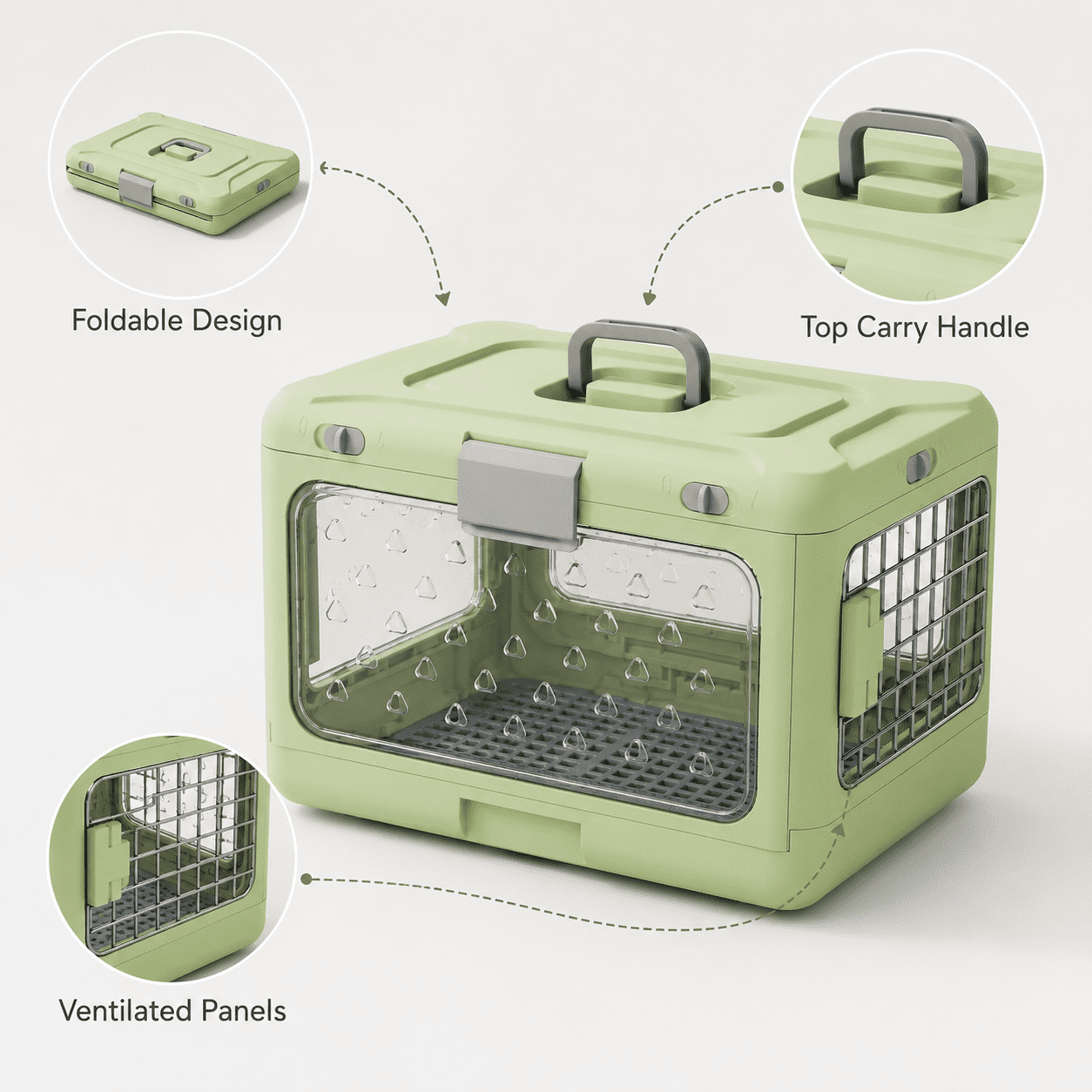 Collapsible Hard-Sided Pet Carrier, Portable 20" Travel Kennel for Small Dogs & Cats, Durable PP Material with Comfort Grip Handle and Secure Locking Gate, Matcha Sage