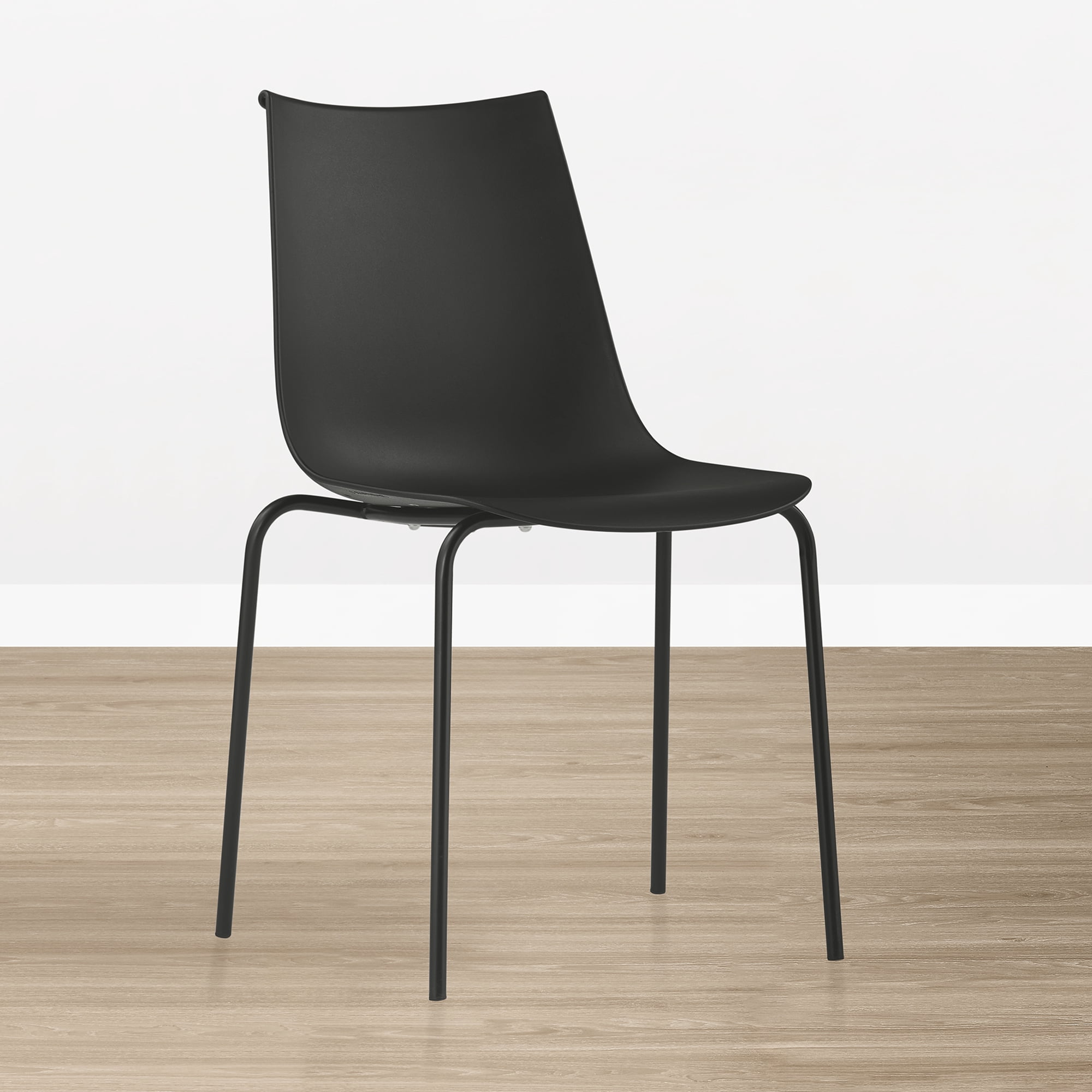 Spruce & Spring Modern Stackable Dining Chairs, Set of 4 Molded Plastic Kitchen Chairs with Metal Legs, Space-Saving Armless Design, BLACK