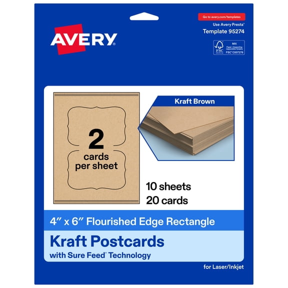 Avery Printable Flourished Edge Postcards, 4" x 6", Kraft Brown, 20ct