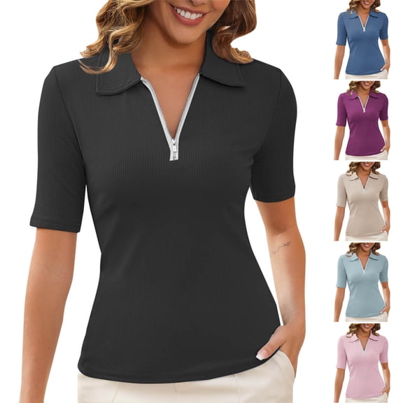 TAGOLD Summer Casual Tops,Plus Size T-shirt Blouse for Womens, Women's Solid Color Turndown Collar Zipper Short-Sleeved Blouse