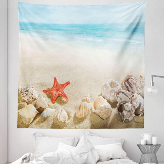 Beach Tapestry, Shells and Coral Toned Starfish on Sands Blurry Oceanic Shore Backdrop, Fabric Wall Hanging Decor for Bedroom Living Room Dorm, 5 Sizes, Beige Aqua Burnt Sienna, by Ambesonne
