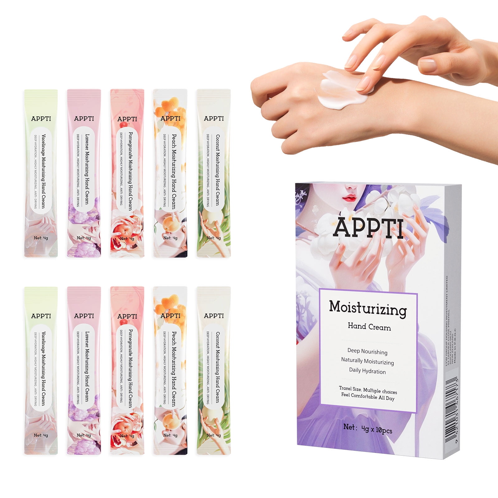 APPTI Variety Scent Moisturizing Hand Cream 4g×10 Count Travel Size Individually Wrapped Hand Lotion, 5 Scents Coconut Peach Lavender Pomegranate Unscented for Dry Cracked Skin