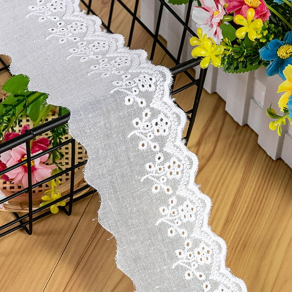 NAMZI 16 Yards 2 Inch White Cotton Eyelet Lace Trim, Floral Embroidery Wavy Ruffle Lace Ribbon for Sewing Dresses, Bags & Pet Clothes, White