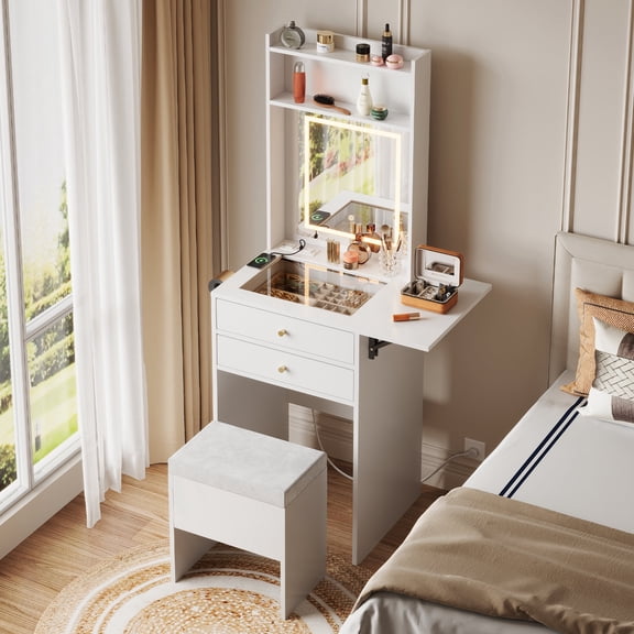 GALAXHERO Vanity Desk with Lighted Mirror and Glass Top, Makeup Vanity Chair with Storage, Fold-up Panel, 2 Drawers Dressing Table for Bedroom, White