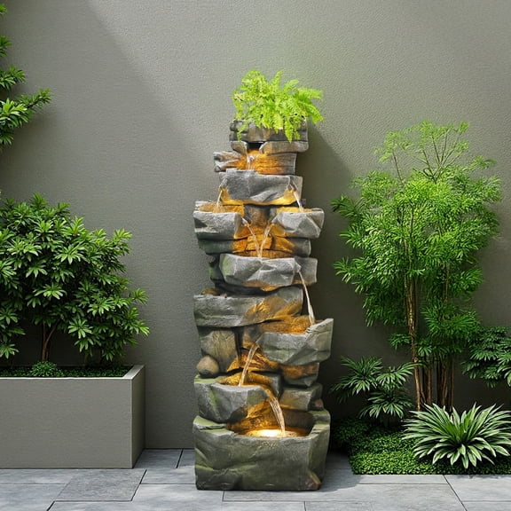 58Inch Outdoor Garden Water Fountain 6 Tiers Large Cascading Rock Natural Waterfall Outdoor Fountain with LED Lights for Patio Porch Backyard Home Art Decor