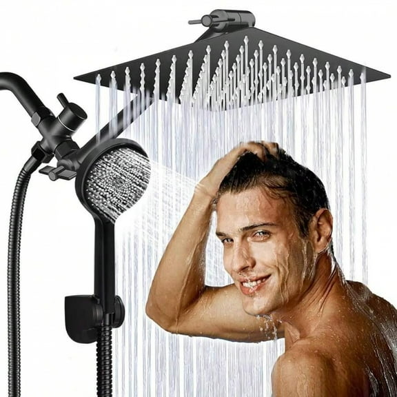 8/12" High Pressure Rainfall & Handheld Shower Combo - With 9'' Extension Arm, 9 Settings Anti-Leak Head (Holder Included), Height/Angle Adjustable, Chrome & Matte Black