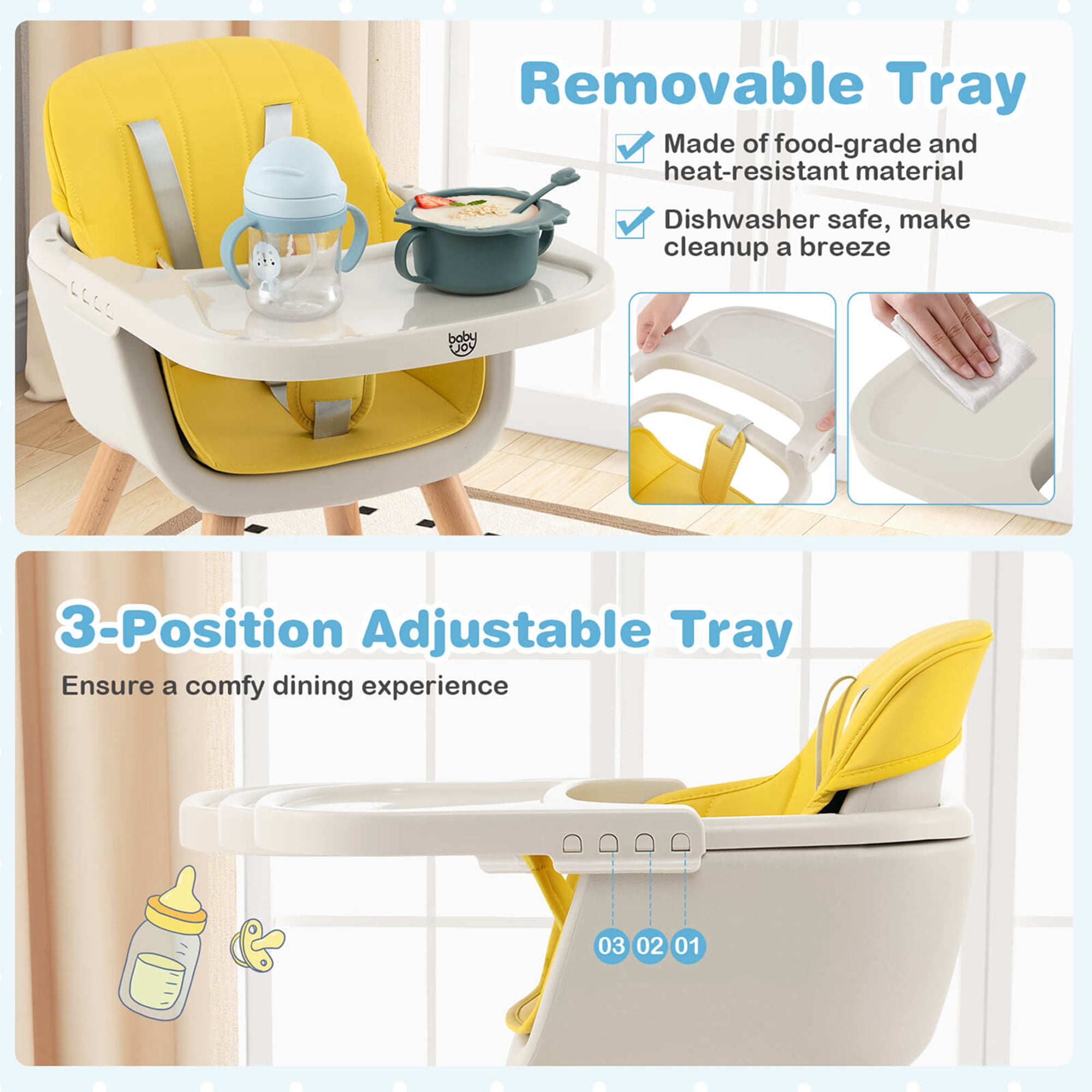 Babyjoy 3 in 1 Convertible Wooden High Chair Toddler Feeding Chair with Cushion Yellow