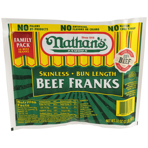 Nathan's Famous Skinless All Beef Franks, Bun Length, 32 oz Walmart