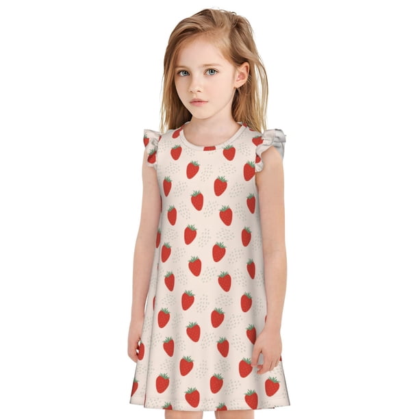 Fotbe Hand Drawn Strawberry Vestido de Dormir para Niñas de 3 a 10 Años, Mangas Cortas, Estilo Princesa, Pijama Camisón con Mangas Voladas-X-Large